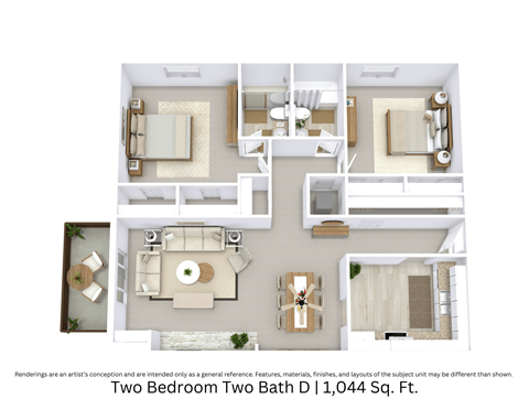 Floor plan for 2 beds, 2 baths, 1044 sqft